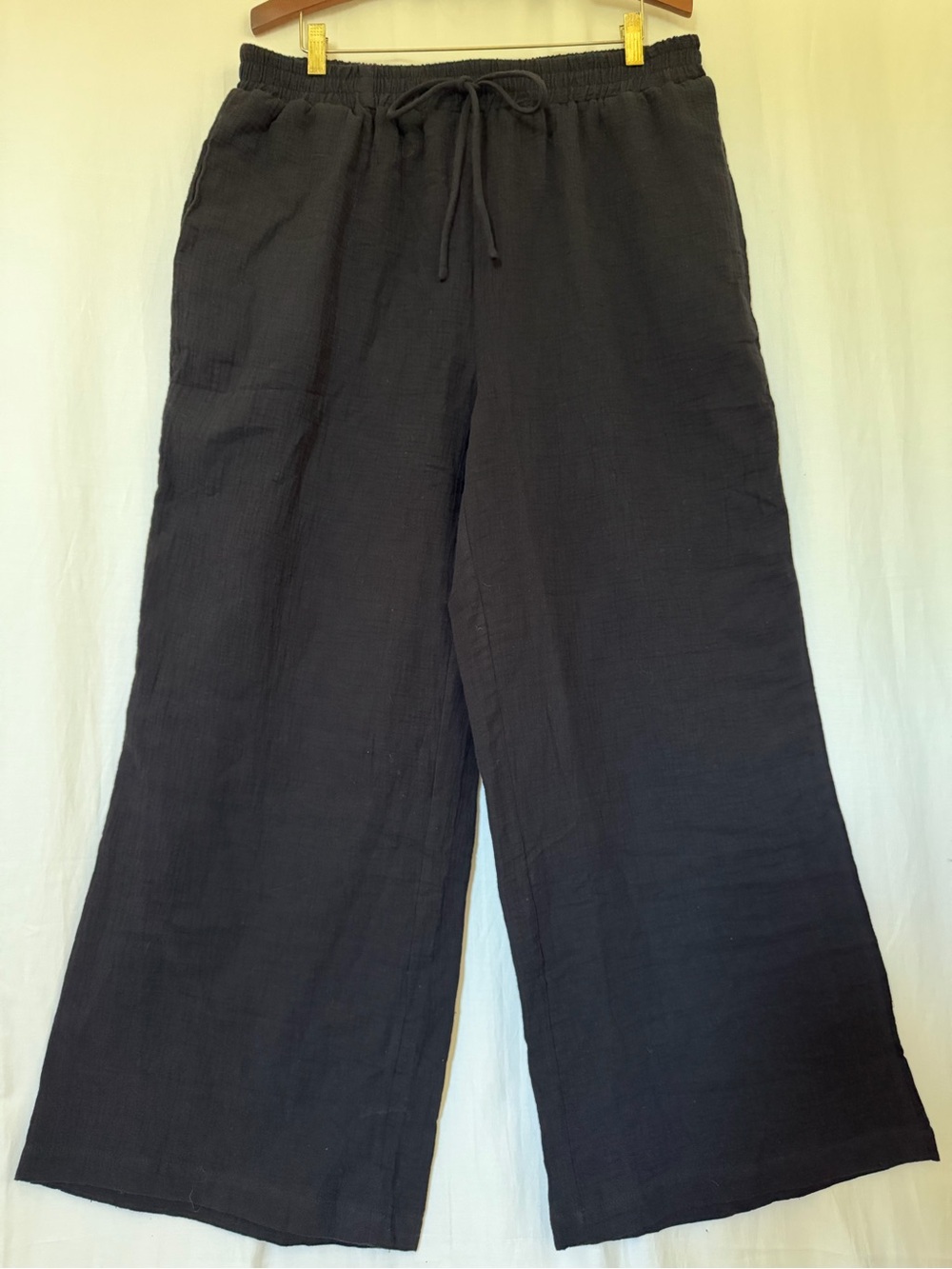 No Brand 100% Cotton Gauze Wide Leg Pants w. Elasticated Waist - Black - Sz 2XL